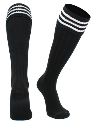 TCK socks Black White / Large Euro Style 3 Stripe Soccer Socks With Fold Down Top