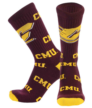 TCK socks Central Michigan Maroon/Gold / Large Central Michigan Chippewas Mayhem Crew Socks (Made in USA)