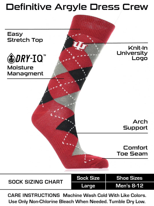 TCK socks Crimson/Grey/Black / Large Indiana Hoosiers Argyle Dress Socks NCAA Fanwear Crew Length