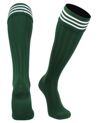 TCK socks Dk Green White / Large Euro Style 3 Stripe Soccer Socks With Fold Down Top