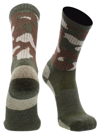 TCK socks Green Camo / Large Merino Wool Hiking Socks Crew Length