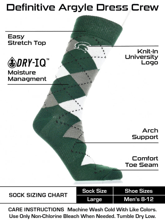 TCK socks Green/Grey/White / Large Michigan State Spartans Argyle Dress Socks NCAA Fanwear Crew Length