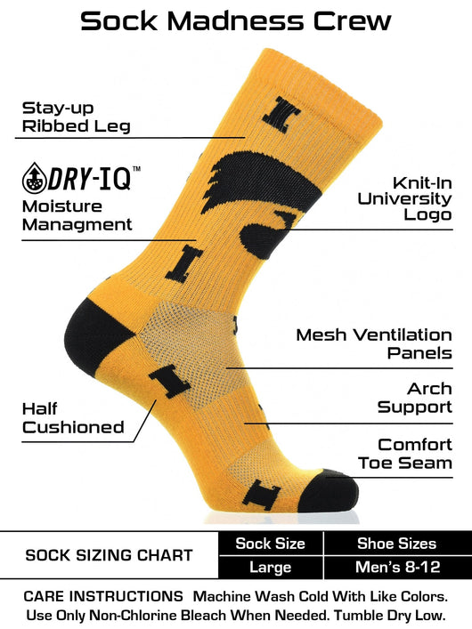 TCK socks Iowa Gold/Black / Large Iowa Hawkeyes Socks Crew Length Sock Mayhem
