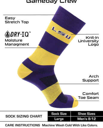 LSU Tigers Purple & Gold Striped Crew Socks - NCAA Men's Dress & Casual Game Day Apparel - Soft Gear