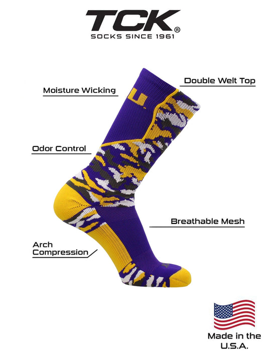 TCK socks LSU Tigers Woodland Camo Crew Socks