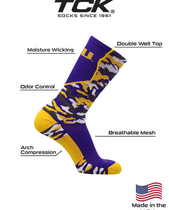 TCK socks LSU Tigers Woodland Camo Crew Socks