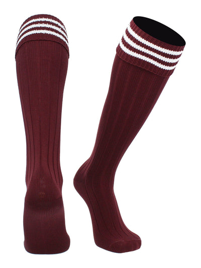 TCK socks Maroon White / Medium Euro Style 3 Stripe Soccer Socks With Fold Down Top