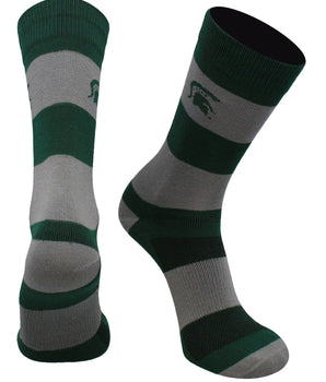 Michigan State Spartans Green & Grey Striped Crew Socks - NCAA Men's Dress & Casual Game Day Apparel - Soft Gear, Large
