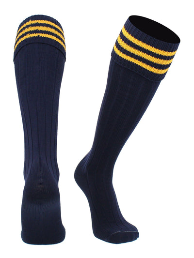 TCK socks Navy Gold / Medium Euro Style 3 Stripe Soccer Socks With Fold Down Top