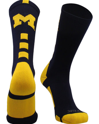 TCK socks Navy/Maize / Large Michigan Wolverines Baseline Crew USA Made