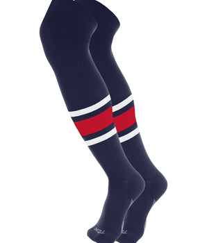 TCK socks Navy/White/Scarlet / Large Dugout Striped Over the Knee Baseball Socks Pattern E