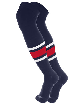 TCK socks Navy/White/Scarlet / Large Dugout Striped Over the Knee Baseball Socks Pattern E