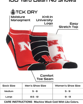 TCK socks Nebraska Red/Black/White / Large Nebraska Cornhuskers No Show Socks Full Field 3 Pack