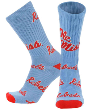 TCK socks Ole Miss Columbia Blue/Scarlet/White / Large Ole Miss Rebels Mayhem Crew Socks (Made in USA)