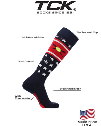 TCK socks Patriotic USA Softball Socks with Softball Bats Logo