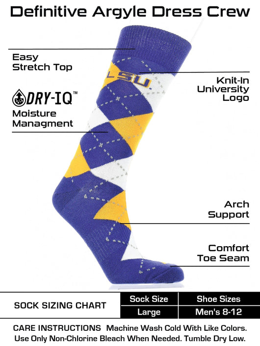 TCK socks Purple/Gold / Large LSU Tigers Argyle Dress Socks NCAA Fanwear Crew Length