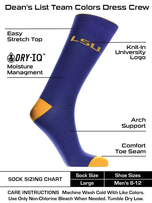 TCK socks Purple/Gold / Large LSU Tigers Dress Socks Dean's List Crew Length Socks