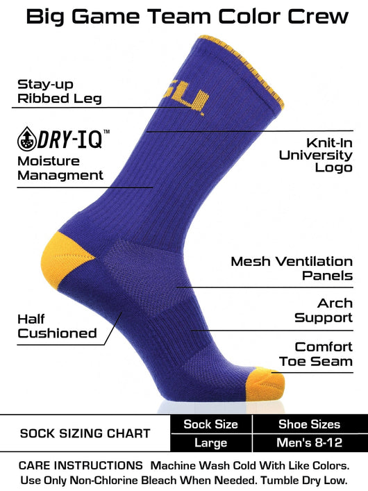 TCK socks Purple/Gold / Large LSU Tigers Socks Campus Legend Crew Length