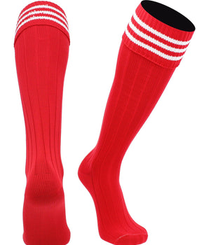 TCK socks Scarlet White / Medium Euro Style 3 Stripe Soccer Socks With Fold Down Top