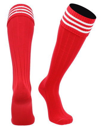 TCK socks Scarlet White / Medium Euro Style 3 Stripe Soccer Socks With Fold Down Top
