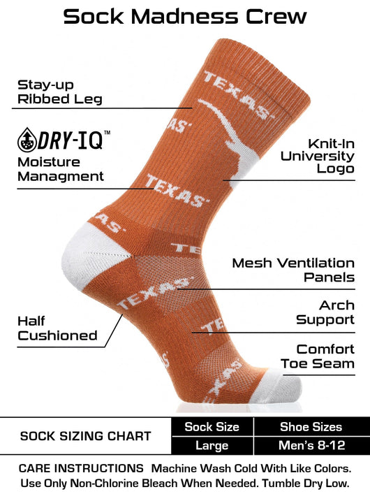 TCK socks Texas Burnt Orange/White / Large Texas Longhorns Socks Crew Length Sock Mayhem