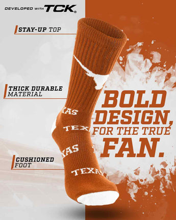 TCK socks Texas Longhorns Mayhem Crew Socks (Made in USA)