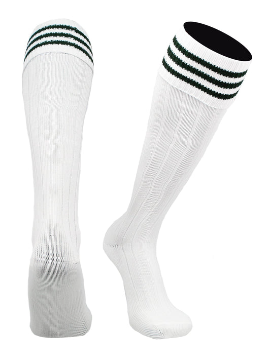 TCK socks White Dk Green / Large Euro Style 3 Stripe Soccer Socks With Fold Down Top