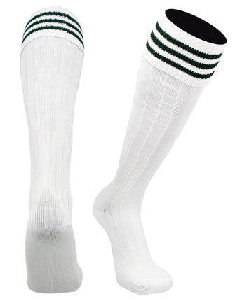 TCK socks White Dk Green / Large Euro Style 3 Stripe Soccer Socks With Fold Down Top