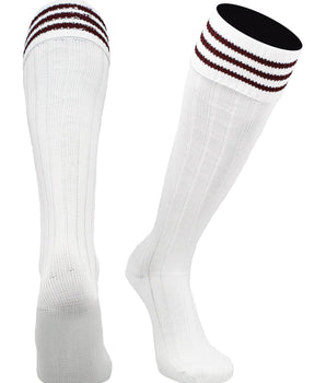 TCK socks White Maroon / Medium Euro Style 3 Stripe Soccer Socks With Fold Down Top