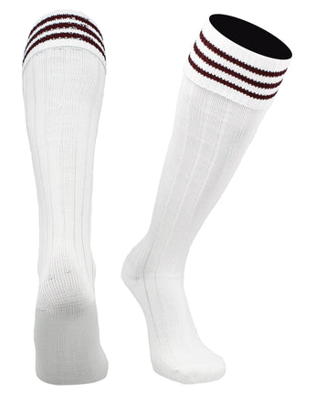 TCK socks White Maroon / Medium Euro Style 3 Stripe Soccer Socks With Fold Down Top