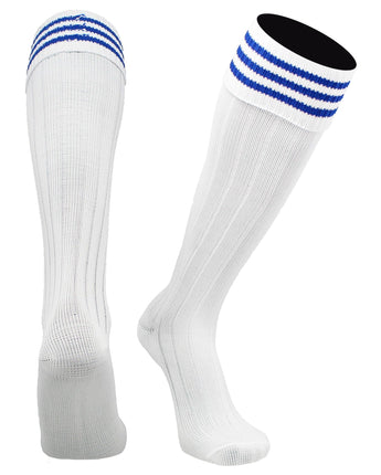 TCK socks White Royal / Large Euro Style 3 Stripe Soccer Socks With Fold Down Top