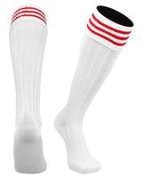 TCK socks White Scarlet / Large Euro Style 3 Stripe Soccer Socks With Fold Down Top