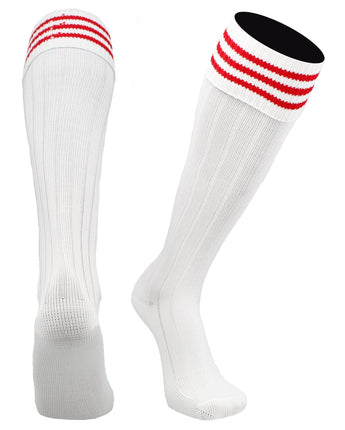 TCK socks White Scarlet / Large Euro Style 3 Stripe Soccer Socks With Fold Down Top