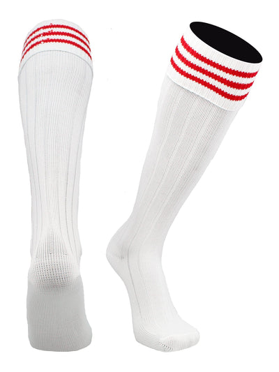 TCK socks White Scarlet / Large Euro Style 3 Stripe Soccer Socks With Fold Down Top