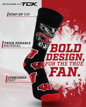 TCK socks Wisconsin Badgers Mayhem Crew Socks (Made in USA)