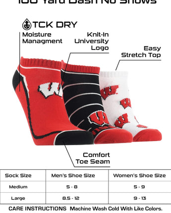 TCK socks Wisconsin Black/Red/White / Large Wisconsin Badgers No Show Socks Full Field 3 Pack