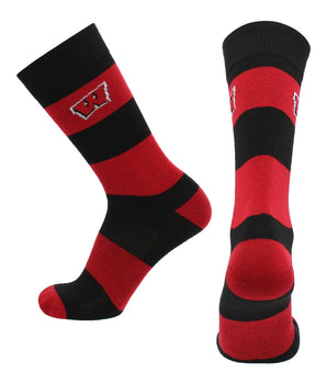 Wisconsin Badgers Red & Black Striped Crew Socks - NCAA Men's Dress & Casual Game Day Apparel - Soft Breathable Gear