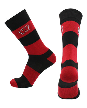 Wisconsin Badgers Red & Black Striped Crew Socks - NCAA Men's Dress & Casual Game Day Apparel - Soft Breathable Gear