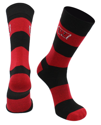 Wisconsin Badgers Red & Black Striped Crew Socks - NCAA Men's Dress & Casual Game Day Apparel - Soft Breathable Gear, Large
