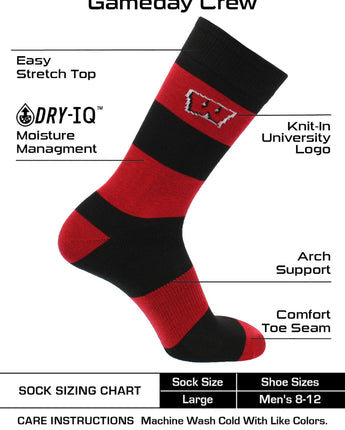Wisconsin Badgers Red & Black Striped Crew Socks - NCAA Men's Dress & Casual Game Day Apparel - Soft Breathable Gear