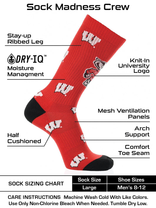 TCK socks Wisconsin Red/Black/White / Large Wisconsin Badgers Socks Crew Length Sock Mayhem