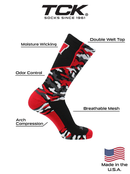 TCK Sports socks University of Wisconsin Badgers Woodland Camo Crew Socks