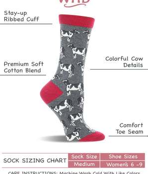WHD casual>socks>womens>casual WHD Cow Crew Socks for Women & Men | Raspberry/Gray Heather, Medium | 2-Pack - Raspberry/Gray Heather,Medium