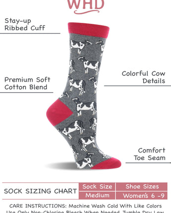 WHD casual>socks>womens>casual WHD Cow Crew Socks for Women & Men | Raspberry/Gray Heather, Medium | 2-Pack - Raspberry/Gray Heather,Medium