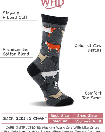 WHD casual>socks>womens>casual WHD Cow Crew Socks for Women & Men | Raspberry/Gray Heather, Medium | 2-Pack - Raspberry/Gray Heather,Medium
