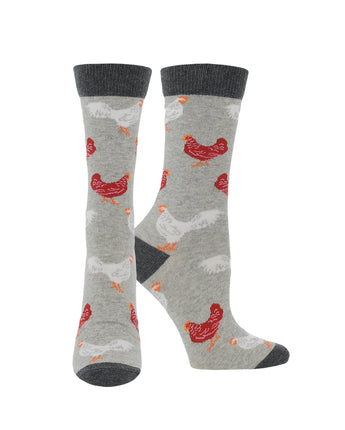 WHD Chicken Crew Socks for Women & Men | Grey Heather Roosters, Large | 1-Pack