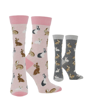 WHD socks Blush Heather/Charcoal Heather / Medium Cute Bunny Socks for Women | Bunny Rabbit Crew Socks|1-Pack/2-Pack