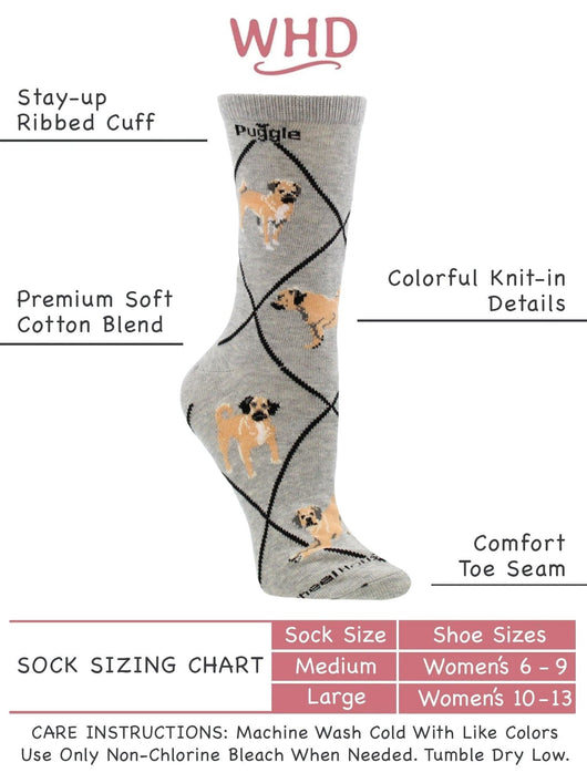 WHD socks Gray Heather / Medium Puggle Socks Perfect Dog Lovers Gift