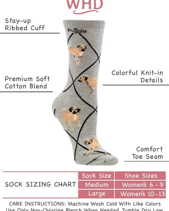 WHD socks Gray Heather / Medium Puggle Socks Perfect Dog Lovers Gift