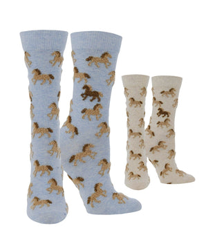 WHD socks Light Blue Heather/Oatmeal Heather / Medium WHD Cute Fuzzy Horse Socks for Women | Gift for Horse Lovers | 1-Pack/2-Pack